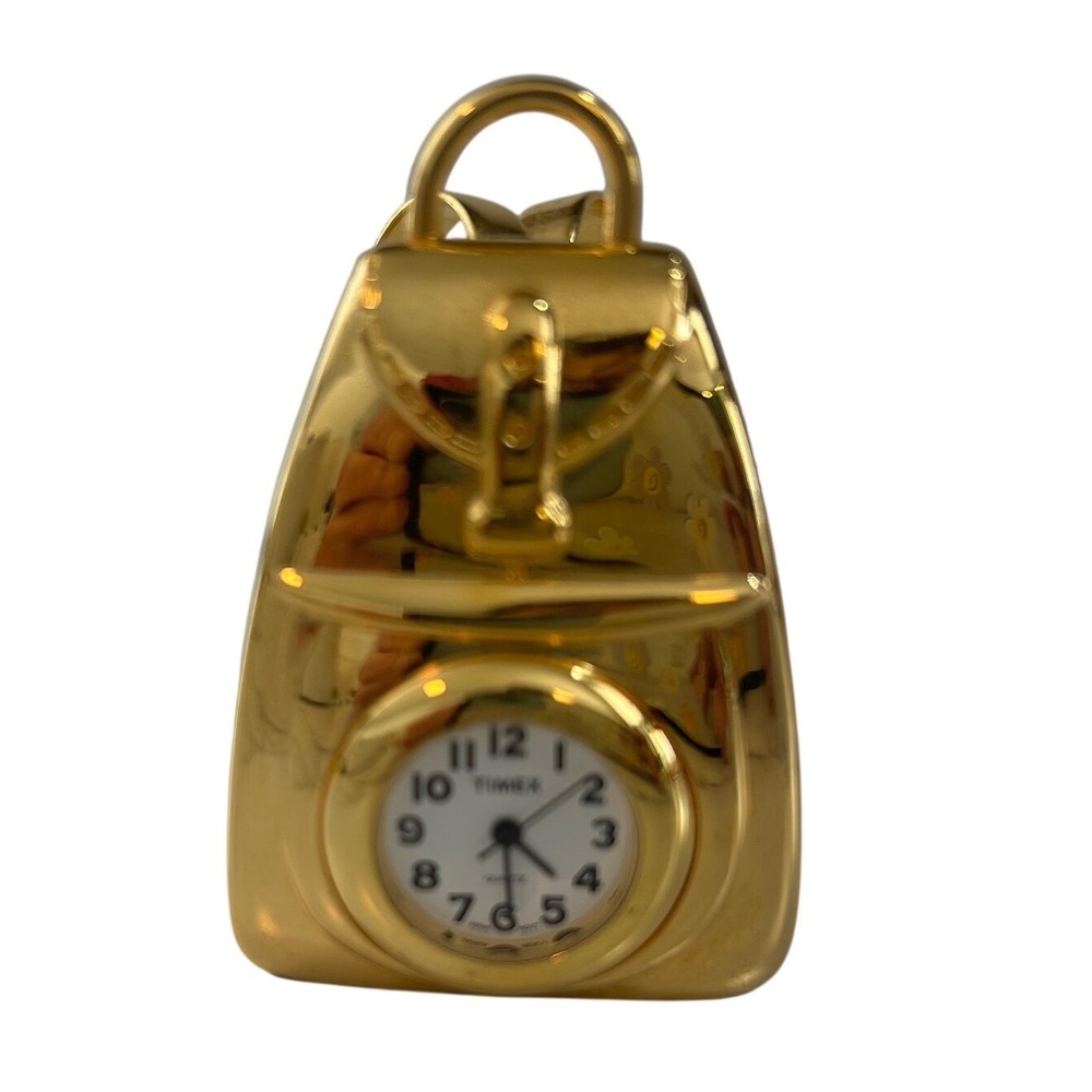 Timex Miniature Backpack‎ Desk Clock Gold Tone Metal Collectible Quartz Novelty